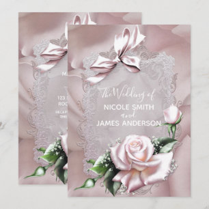 Rosa Satin-Schleife und Rose Romantische Hochzeit Einladung