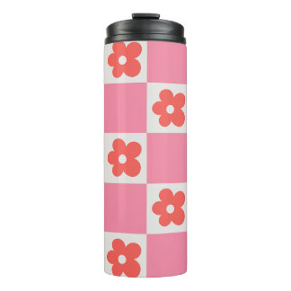 Rosa Schachbrett-Blumen-Reisebecher | Retro-Blume Thermosbecher