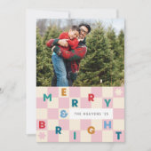 Rosa Schachbrett-Merry-&-Bright-Weihnachtskarte Einladung (Vorderseite)
