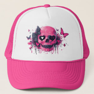 Rosa Schädel mit Schmetterlingen und Herz Truckerkappe