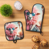 Rosa Schafe Ofenhandschuh & Topflappen-Set (Oben Unten)