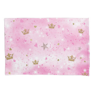 Rosa Schein Prinzessin-Hearts Stars Crowns Glitter Kissenbezug