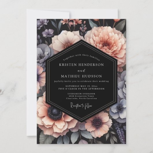 Rosa & Schieferfarbene Florale Hochzeit Einladung (Vorderseite)