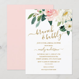 Rosa Schimmer Blumen Brunch und Sprudel Brautparty Einladung