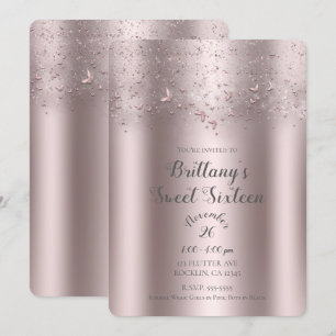 Rosa Schimmer Flat Butterfly Sweet 16 Party Einladung