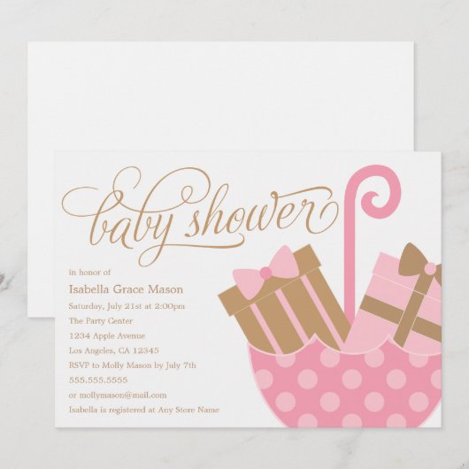 Rosa Schirm | Baby Shower Einladung (Vorne/Hinten)