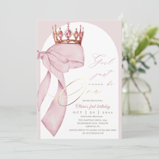 Rosa Schleife 1. Geburtstag Einladung (Stehend Vorderseite)