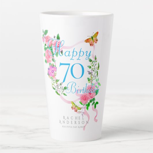 Rosa Schleife 70. Geburtstag Milchtasse (Vorderseite)