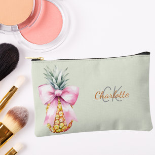 Rosa Schleife Ananas tropisches Monogramm Salbeigr Zubehörtasche