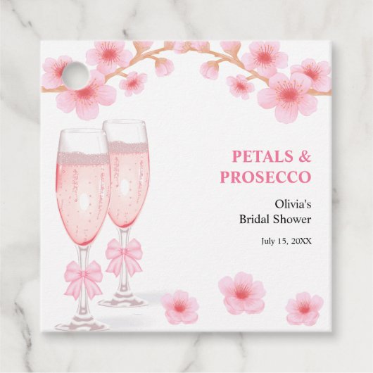 Rosa Schleife Blumen Blüten und Prosecco Brautpart Geschenkanhänger (Vorderseite)