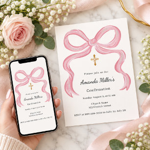 Rosa Schleife Creme Mädchen Firmung Einladung