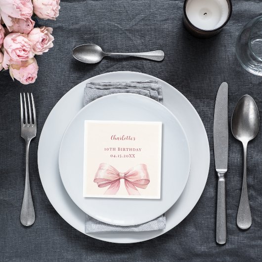 Rosa Schleife Elfenbein eleganter Geburtstag Serviette