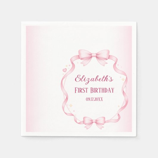 Rosa Schleife "First Birthday" quadratischer Aufkl Serviette (Vorderseite)