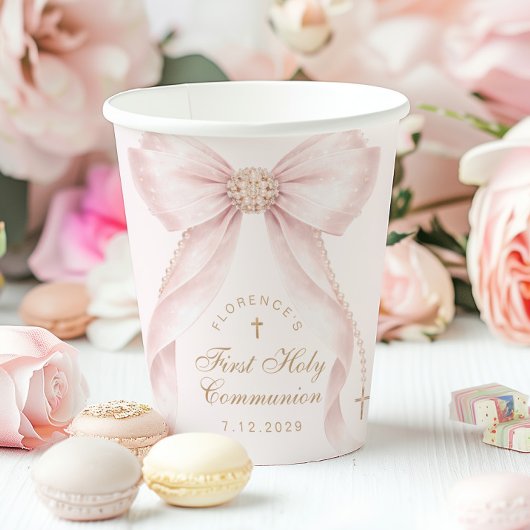 Rosa Schleife First Holy Communion Coquette Pappbecher