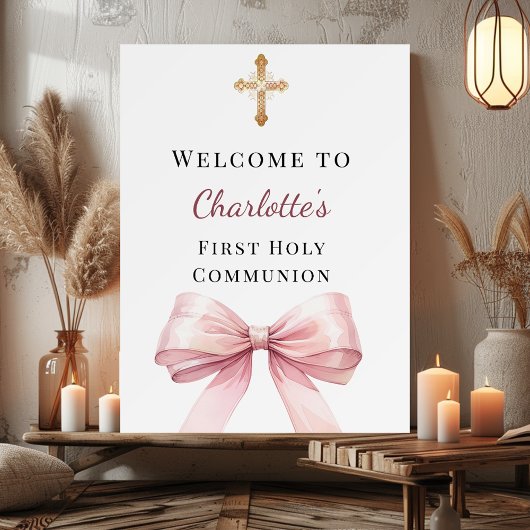 Rosa Schleife First Holy Communion Willkommen Poster