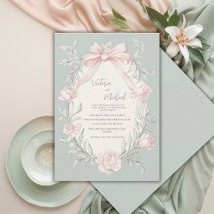 Rosa Schleife Floral Hellgrün Vintage Hochzeit Einladung