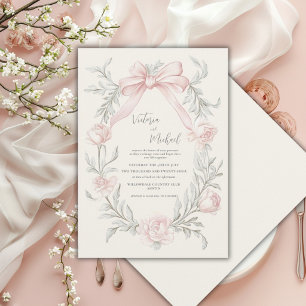 Rosa Schleife Floral Salbei Grün Vintage Hochzeit Einladung