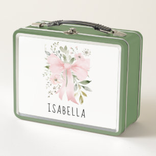 Rosa Schleife Florale Grün Coquette Personalisiert Metall Brotdose