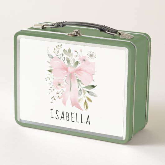 Rosa Schleife Florale Grün Coquette Personalisiert Metall Brotdose (Vorderseite)