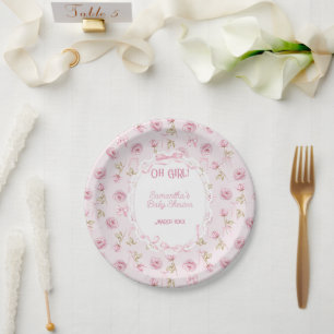 Rosa Schleife Florale Rosen Vintage Baby Shower Pappteller