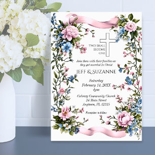 Rosa Schleife Florales Kreuz Zwei werden Eins Einladung