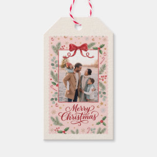Rosa Schleife Frohe Weihnachten Familienfoto Geschenkanhänger