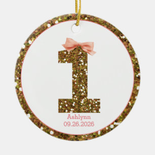 Rosa Schleife Gold Glitter Eins 1. Geburtstag Keramik Ornament
