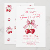 Rosa Schleife Kirsch Mädchen Geburtstag Einladung (Vorne/Hinten)