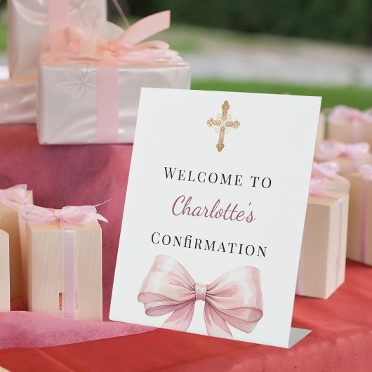 Rosa Schleife Konfirmations Willkommen Sockelschild