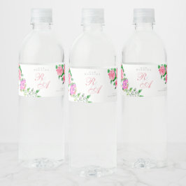 Rosa-Schleife-Monogramm-Hochzeit Wasserflaschenetikett