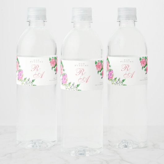 Rosa-Schleife-Monogramm-Hochzeit Wasserflaschenetikett (Flaschen)
