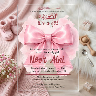 rosa Schleife muslimisches Baby Mädchen Geburt Ank Acryleinladungen