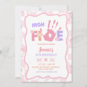Rosa Schleife Pastell Retro High Five Party Geburt Einladung (Vorderseite)