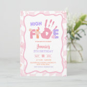Rosa Schleife Pastell Retro High Five Party Geburt Einladung (Stehend Vorderseite)