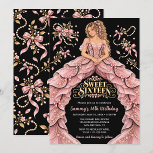 Rosa Schleife Perlen Sweet Sixteen Geburtstag Einladung