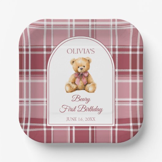 Rosa Schleife Preppy Teddybär 1. Geburtstag Pappteller (Vorderseite)