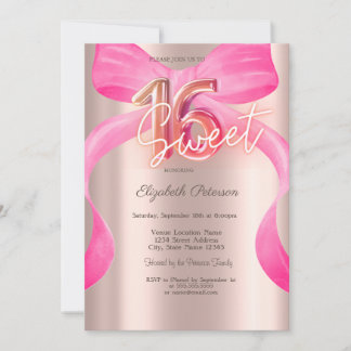 Rosa Schleife Roségold Glänzend Sweet 16 Einladung