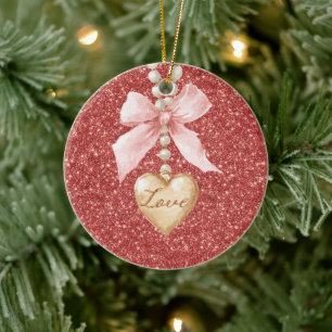 Rosa Schleife Roter Glitter Liebes Herz Anhänger W Keramik Ornament