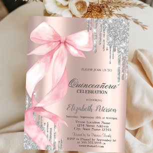 Rosa Schleife Silber Glittertropfen Roségold Quinc Einladung
