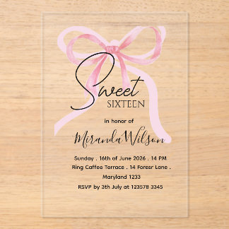 Rosa Schleife Sweet Sixteen Geburtstags-Acryleinla Acryleinladungen