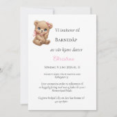Rosa Schleife Teddybär Tauf Einladung (Vorderseite)