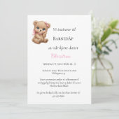 Rosa Schleife Teddybär Tauf Einladung (Stehend Vorderseite)