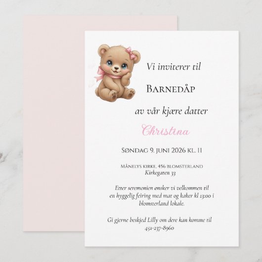 Rosa Schleife Teddybär Tauf Einladung (Vorne/Hinten)