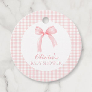Rosa Schleife und Gingham-Preppy-Baby-Party Geschenkanhänger