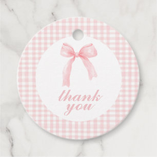 Rosa Schleife und Gingham-Preppy-Baby-Party Geschenkanhänger