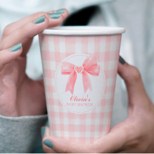 Rosa Schleife und Gingham-Preppy-Babyparty Pappbecher