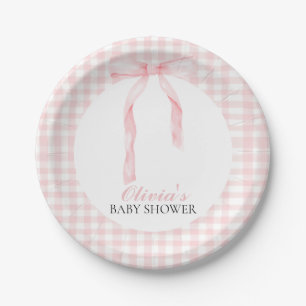 Rosa Schleife und Gingham-Preppy-Babyparty Pappteller