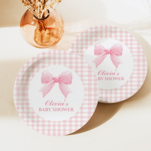 Rosa Schleife und Gingham-Preppy-Babyparty Pappteller
