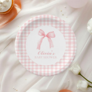 Rosa Schleife und Gingham-Preppy-Babyparty Pappteller