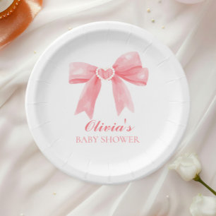 Rosa Schleife und Gingham-Preppy-Babyparty Pappteller